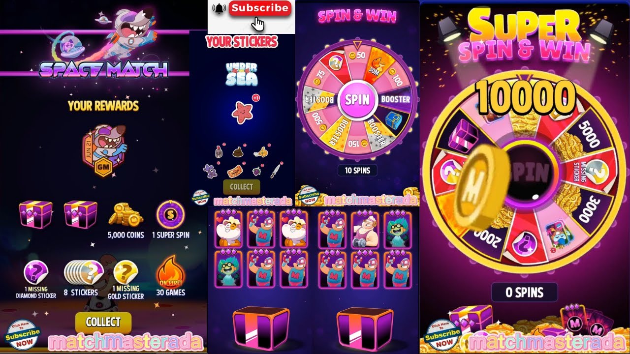Match Masters, Grand Master, Achievement Unlocked, Get Rewards, Super Spin,Free Boosters,New Sticker