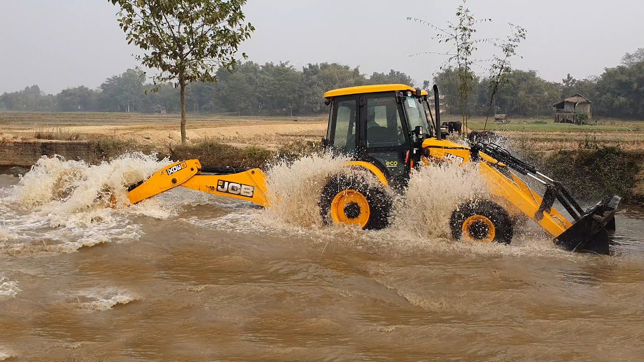 JCB Backhoe Machine Washing in River and Making Fun - Cleaning Dirty JCB in Small River
