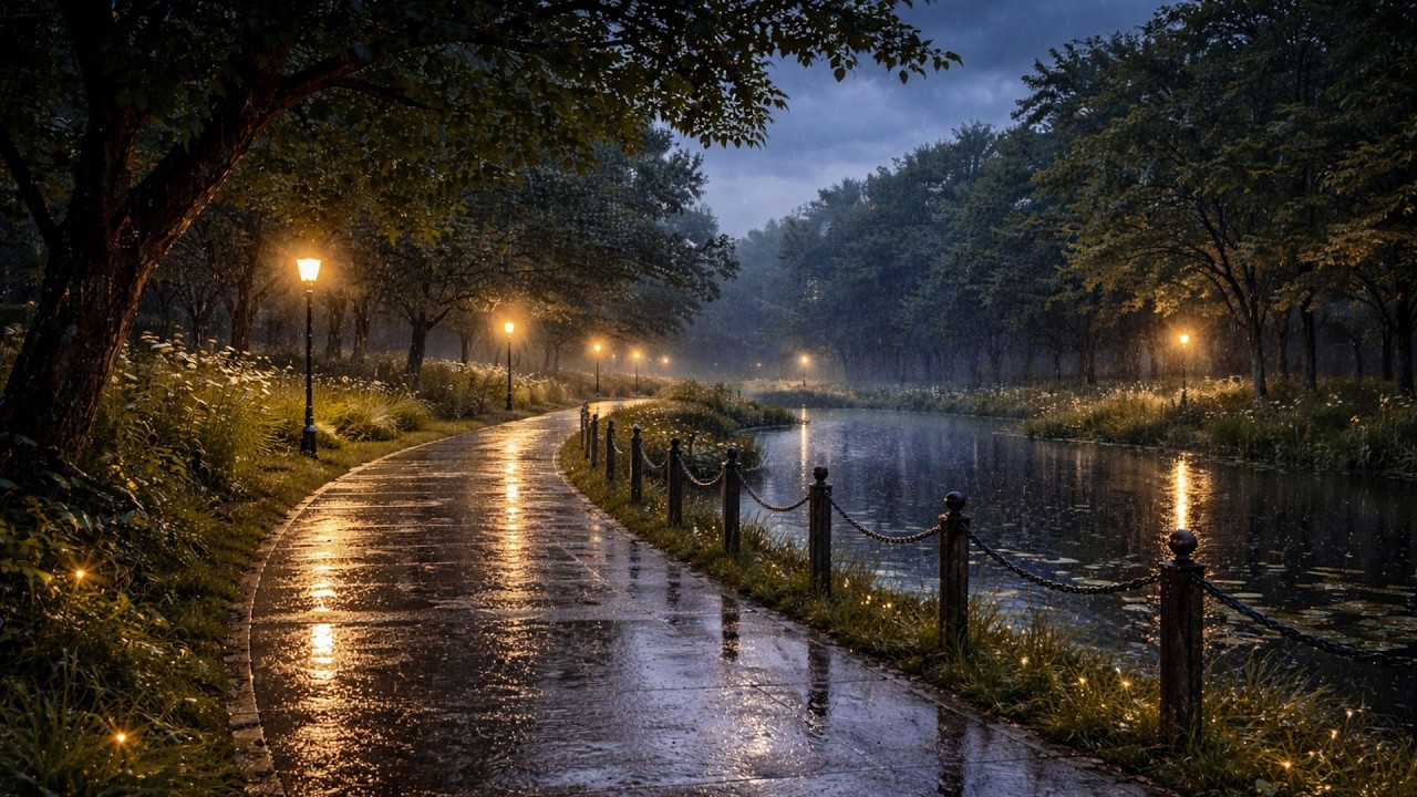 8 Hours Light Rain in a Quiet Park Ambiance 🌧 Gentle Crickets & Night Nature Sounds for Sleep