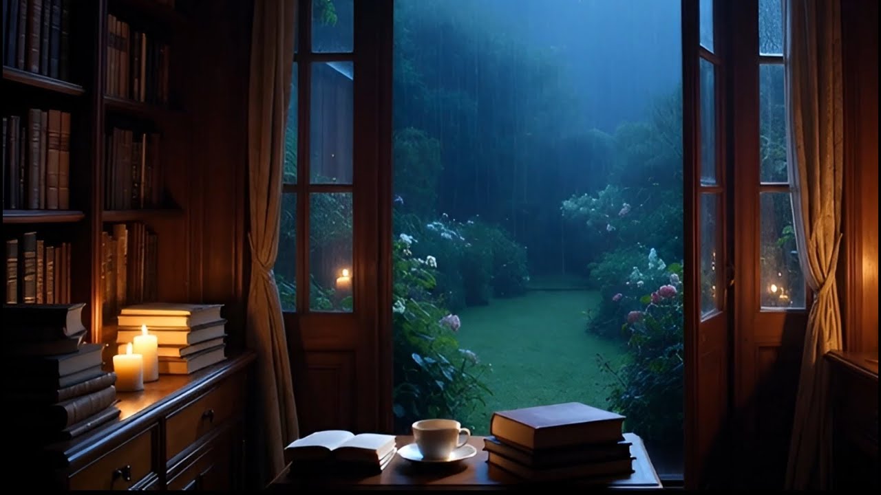 Cosy Evening Study Rain Ambience | Warm Reading Room | Relaxing Evening Sounds | NO ADS
