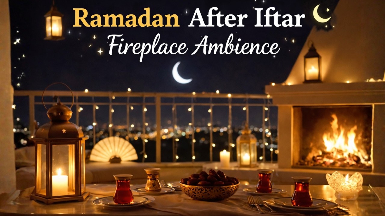 Relaxing Ramadan After Iftar Fireplace Ambience 🌙 Cozy Balcony Night for Sleep & Stress Relief
