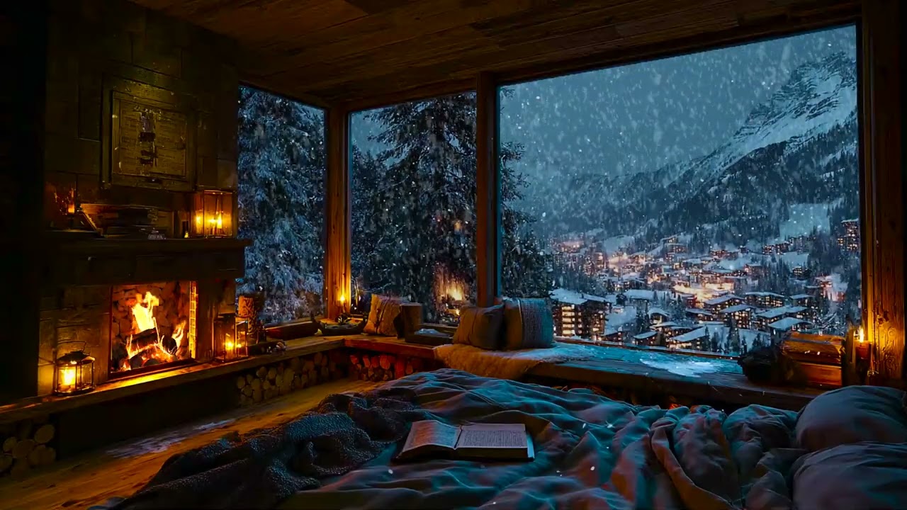 Snowfall Outside the Cabin | Cozy Fire Crackling and Calm Winter Atmosphere for Deep Sleep