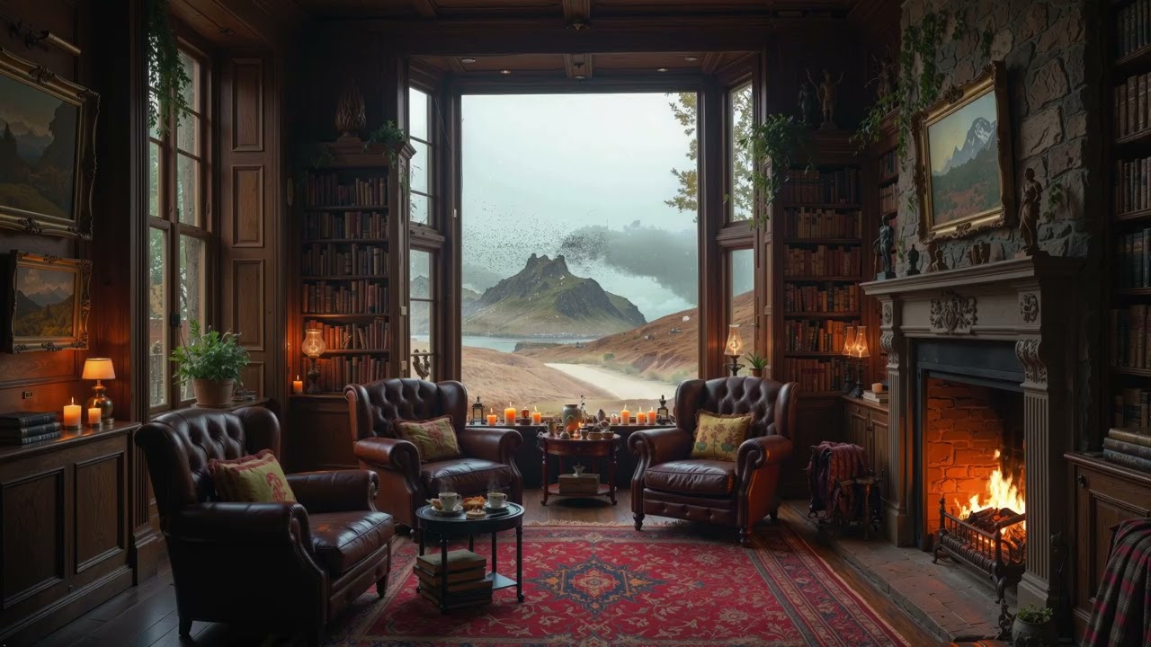 Cozy Fireplace Library Ambience | Scottish Highlands, Celtic Music, Leather Chairs & Misty Views