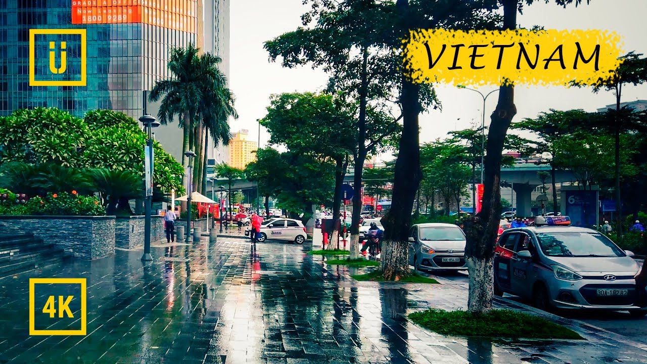 Walking in Vietnam. Hanoi walk in the rain. Binaural Audio. [4K walking tour] 2020