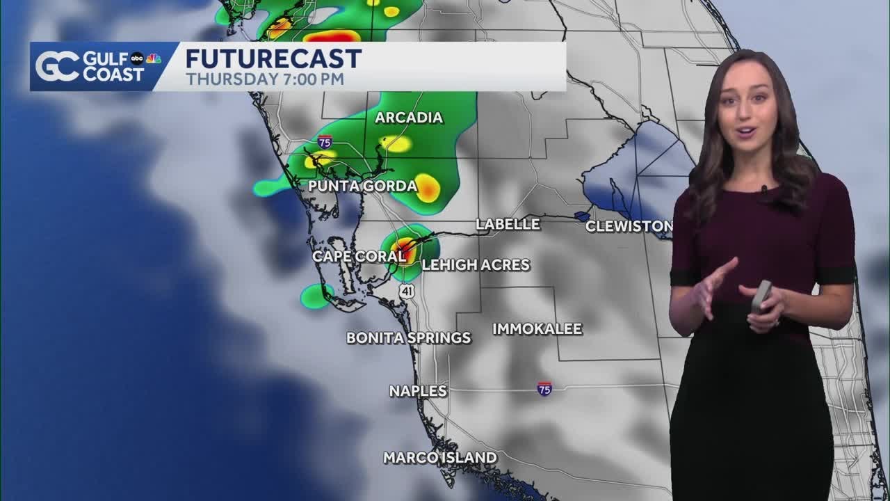 Coastal favored showers and storms Thursday evening