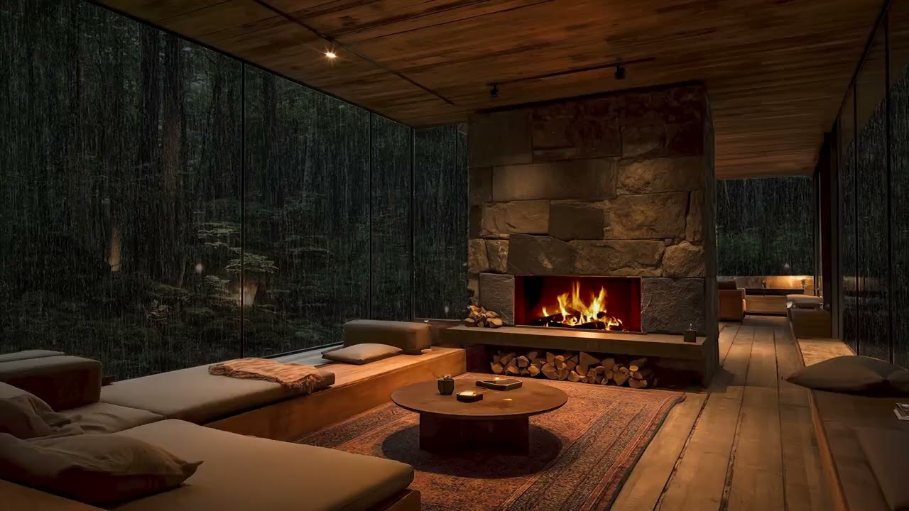 Rain Sounds Outside a Cozy Fireplace Living Room | Deep Sleep & Night Relaxation