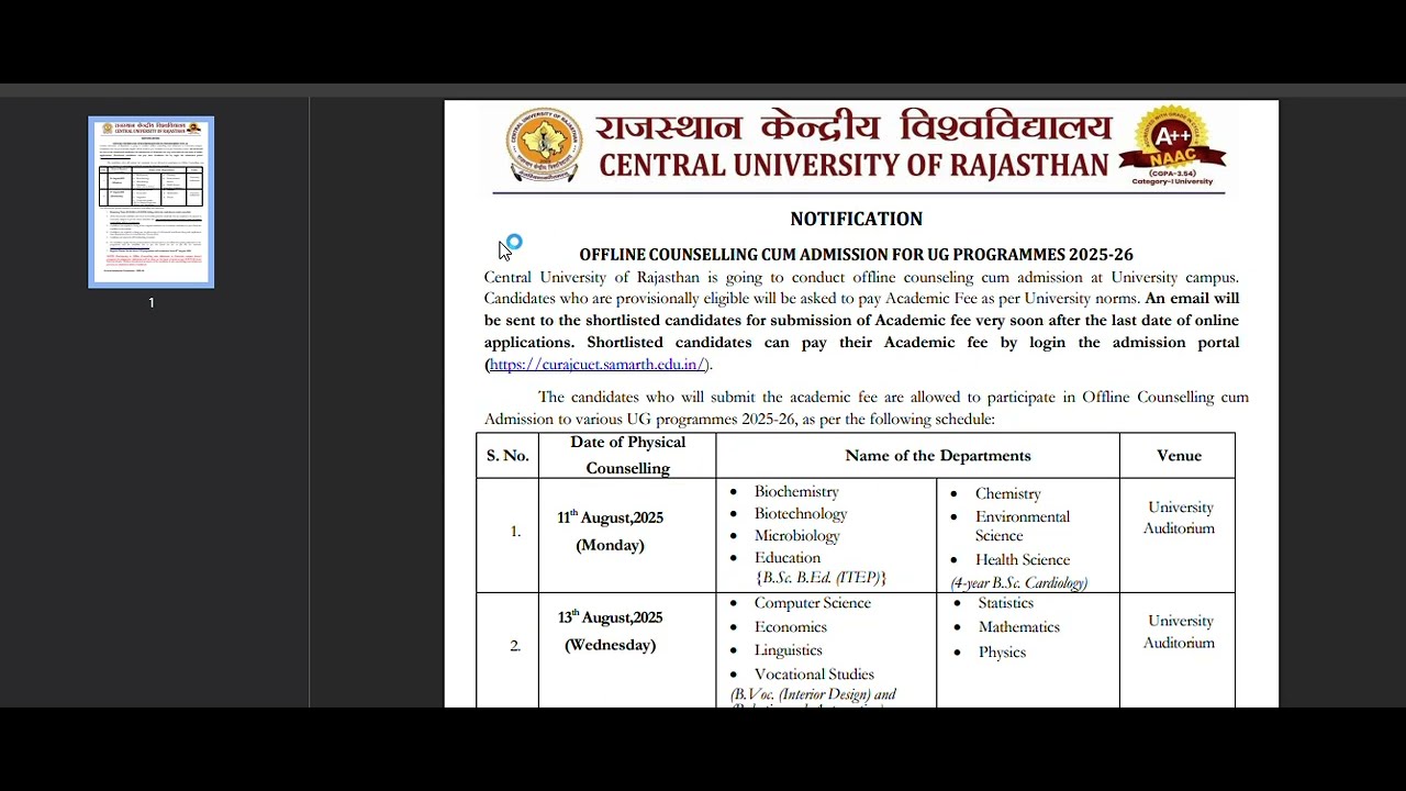 CU Raj   | CUET UG 2025 |   Offline Counselling cum Admission and  document verification