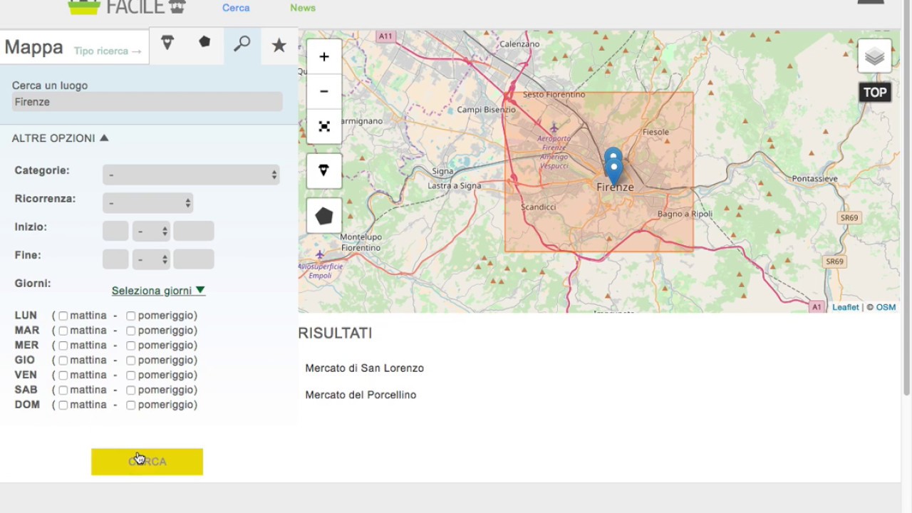 Cerca nome citt&agrave; e visualizza risultati sulla mappa