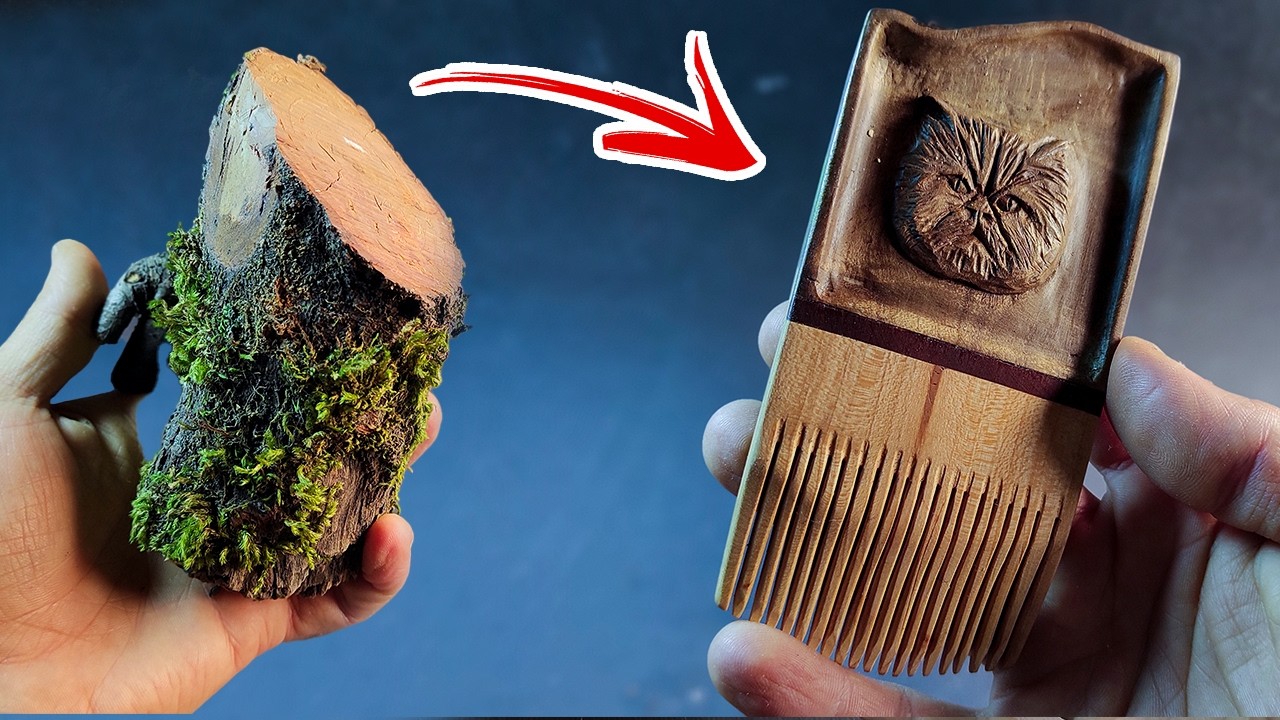 ONLY HAND TOOLS & 3 DIFFERENT  WOOD TO MAKE THIS cat comb #woodcarving #woodcarvingasmr
