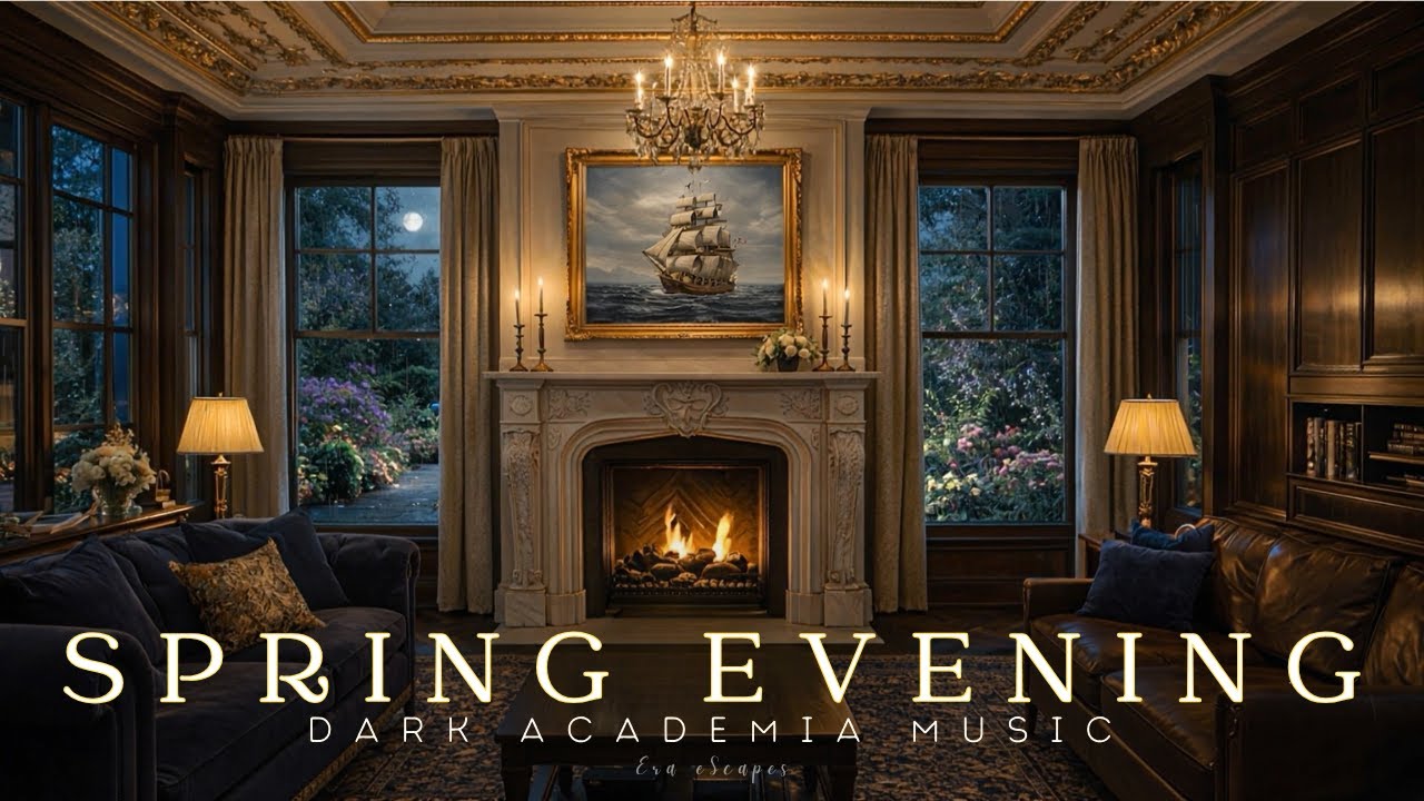 Rainy Spring Night by the Fireplace | Dark Academia Piano with Cozy Fireplace & Garden Rain