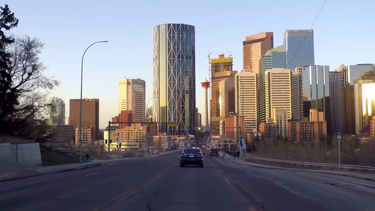 Downtown Calgary Alberta Canada. Driving in City Centre