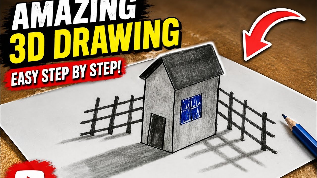 Easy 3d house drawing step by step||how to make 3d home drawing on the paper