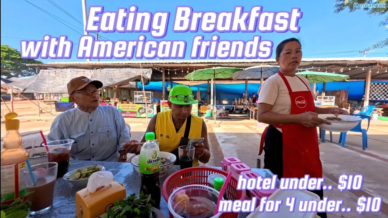 Leaving our hotel and eating Khao Piak with friends from USA at Ban Gern, Laos.