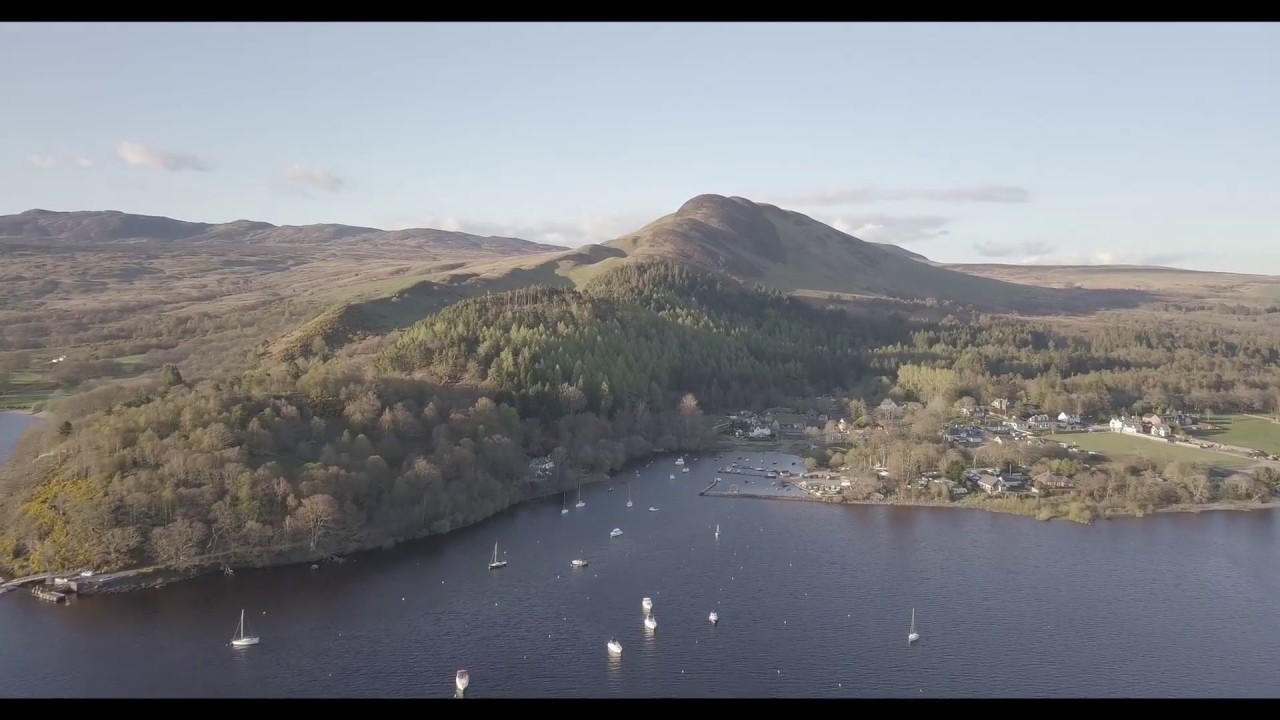 A drones eye view of Balmaha on the Shores of Loch Lomond