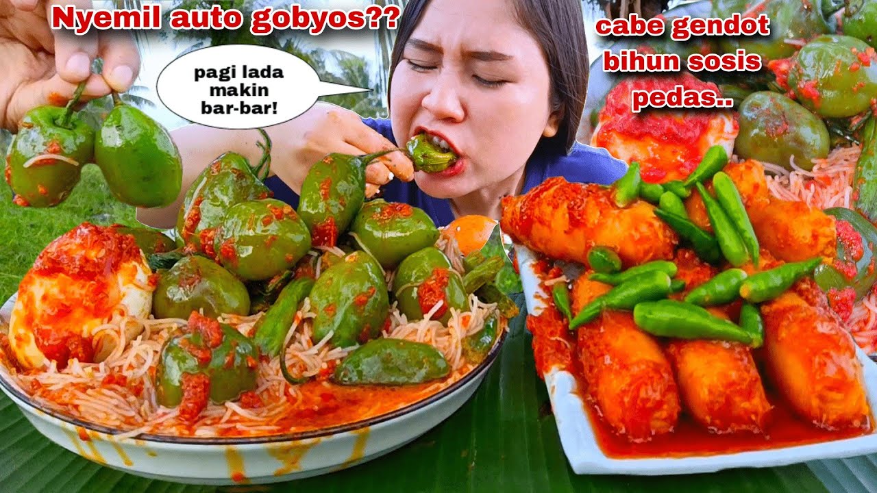 BERGETAR 🥵 BIHUN CABE GENDOT SOSIS PEDAS SAOS LAVA CABE RAWIT MENTAH MUKBANG 