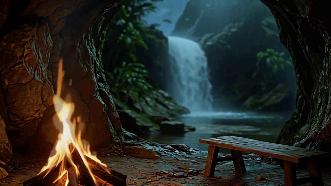 Soothing Fire & Waterfall Ambience with Birds | Cozy Hearth ASMR | Relax & Focus