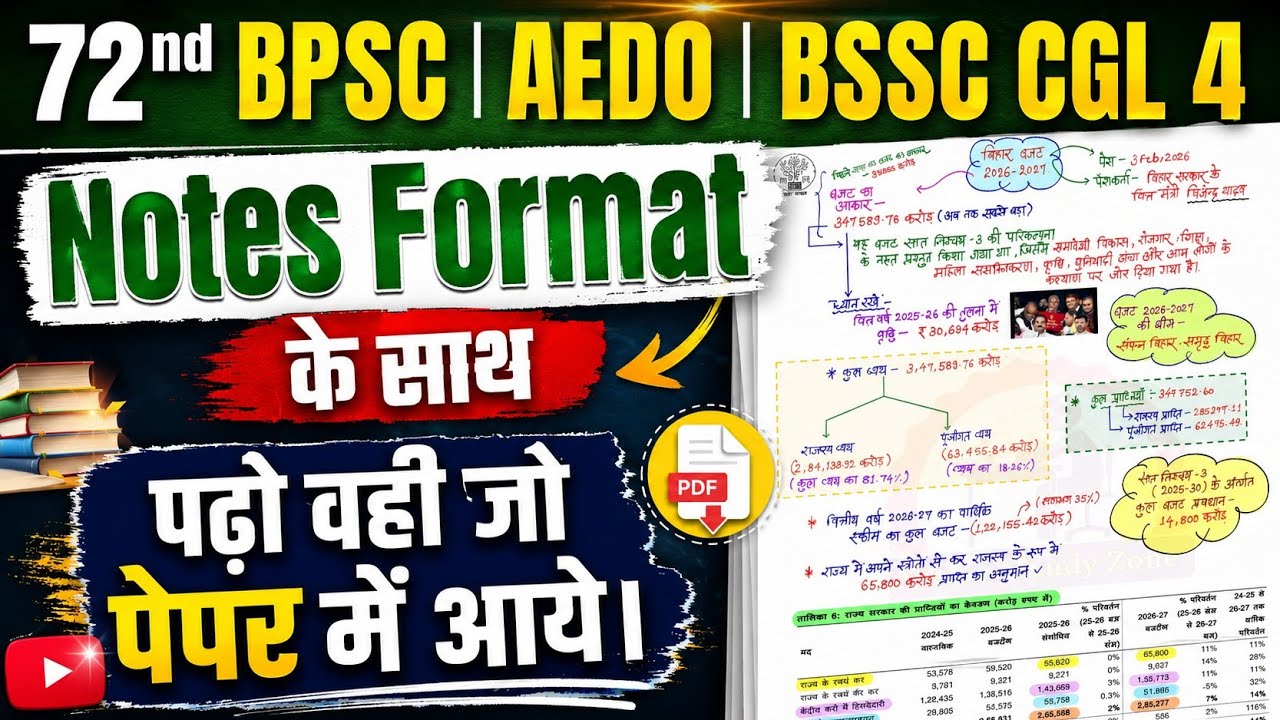बिहार बजट 2026 -27 🔥 नोट्स | Bihar Budget 2026 - 2027 | Bihar Current Affairs 2026 for 72nd BPSC | 