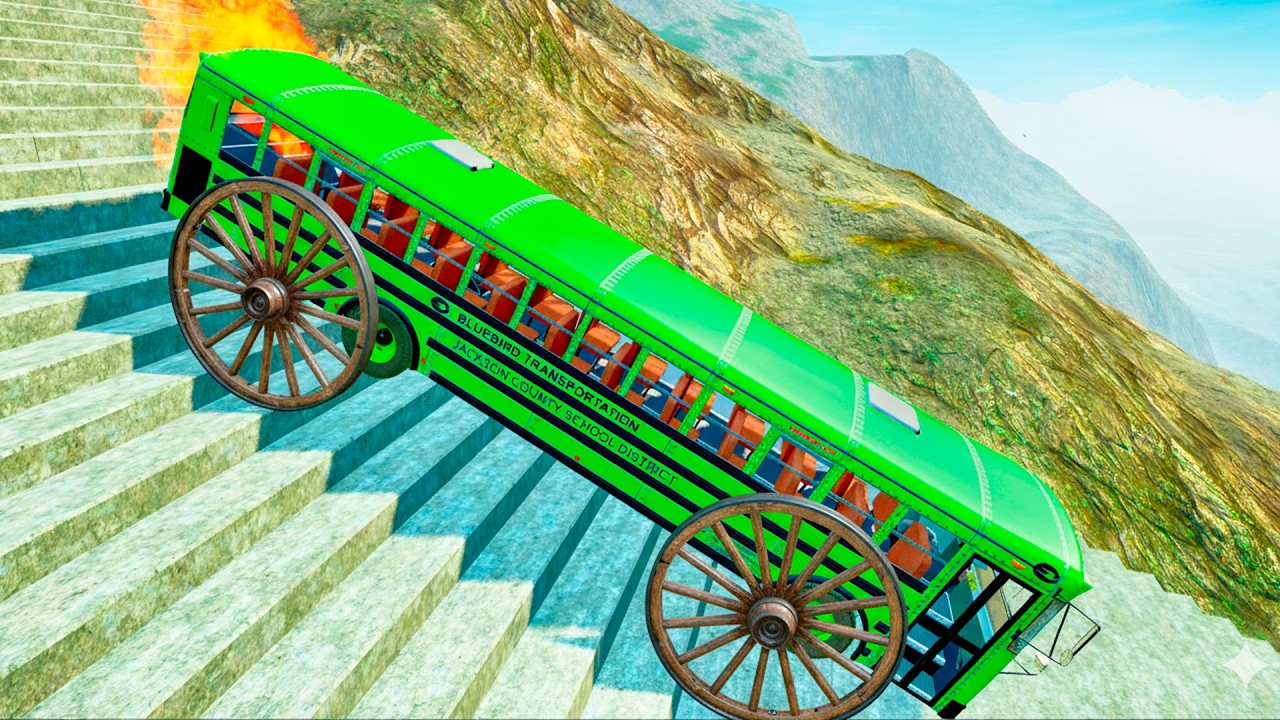 School Bus Stairs Jumps Down Challenge &ndash; BeamNG Drive Realistic Crash Physics BMG