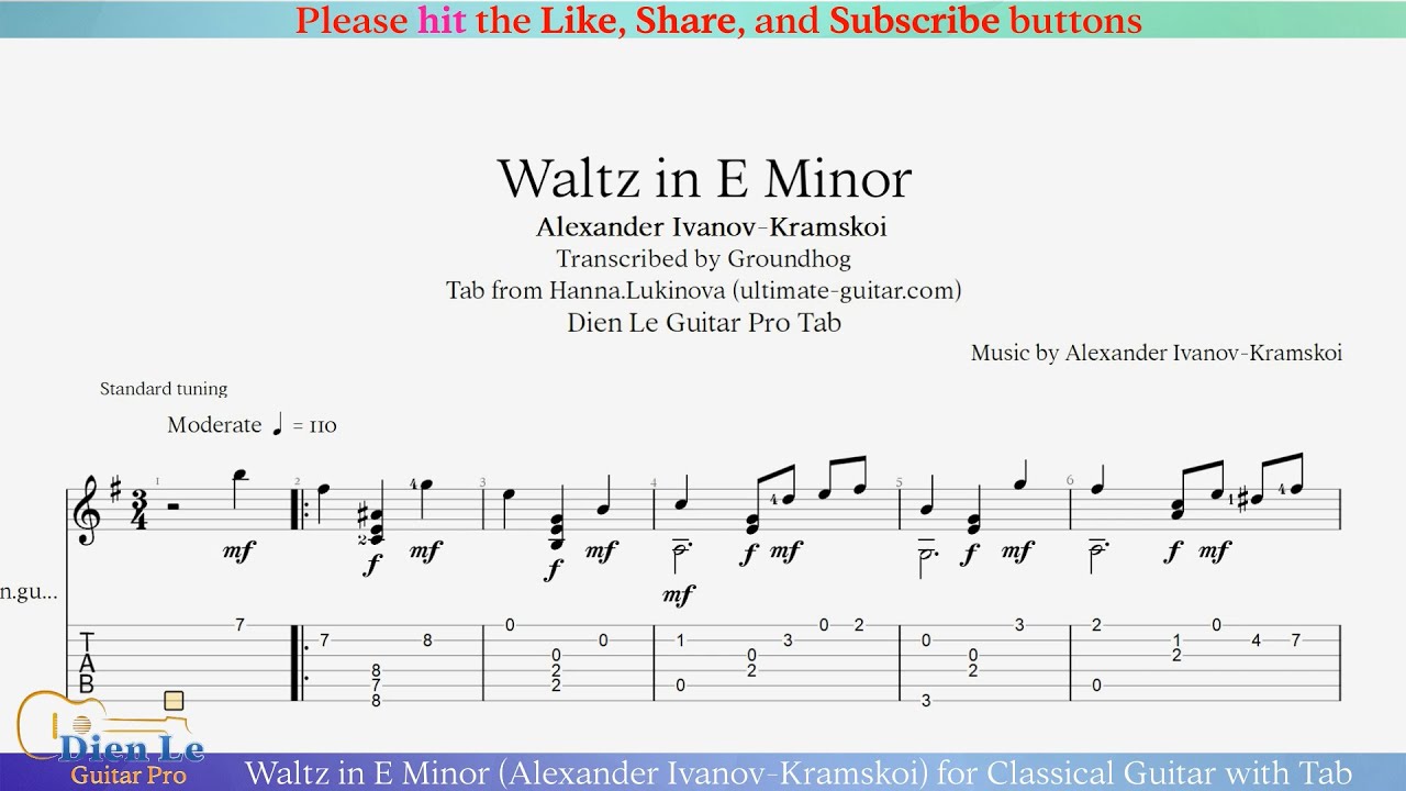Waltz in E Minor (Alexander Ivanov-Kramskoi) for Classical Guitar with Tab
