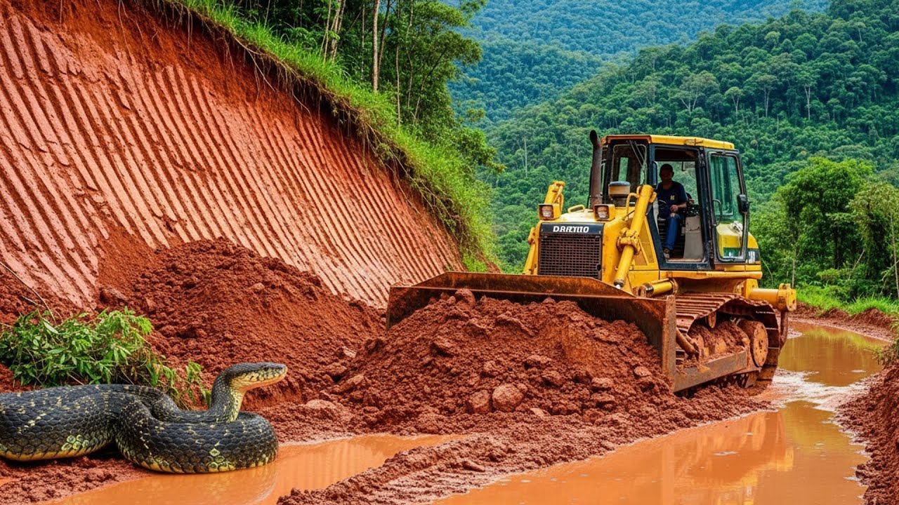 Bulldozer Clearing Muddy Mountain Road While Snake Crosses Flooded Path