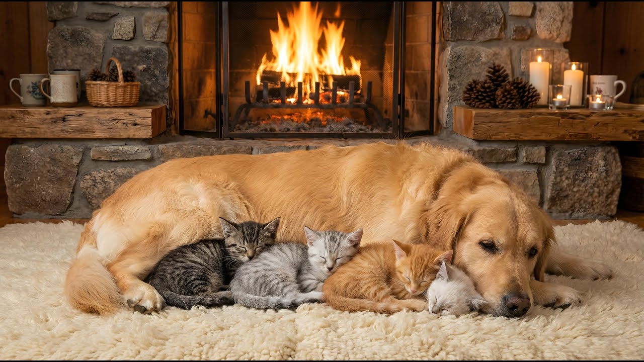 Fireplace Ambience Sleeping Dog & Kittens | Crackling Fire Sounds for Sleep