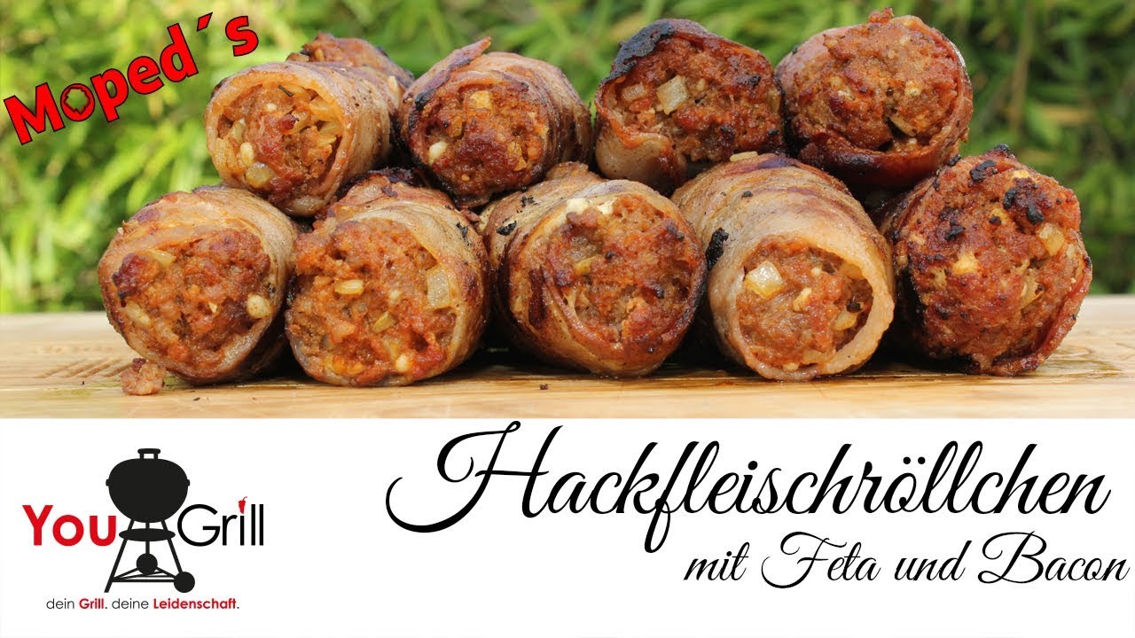 Hackfleischröllchen mit Feta und Bacon ummantelt