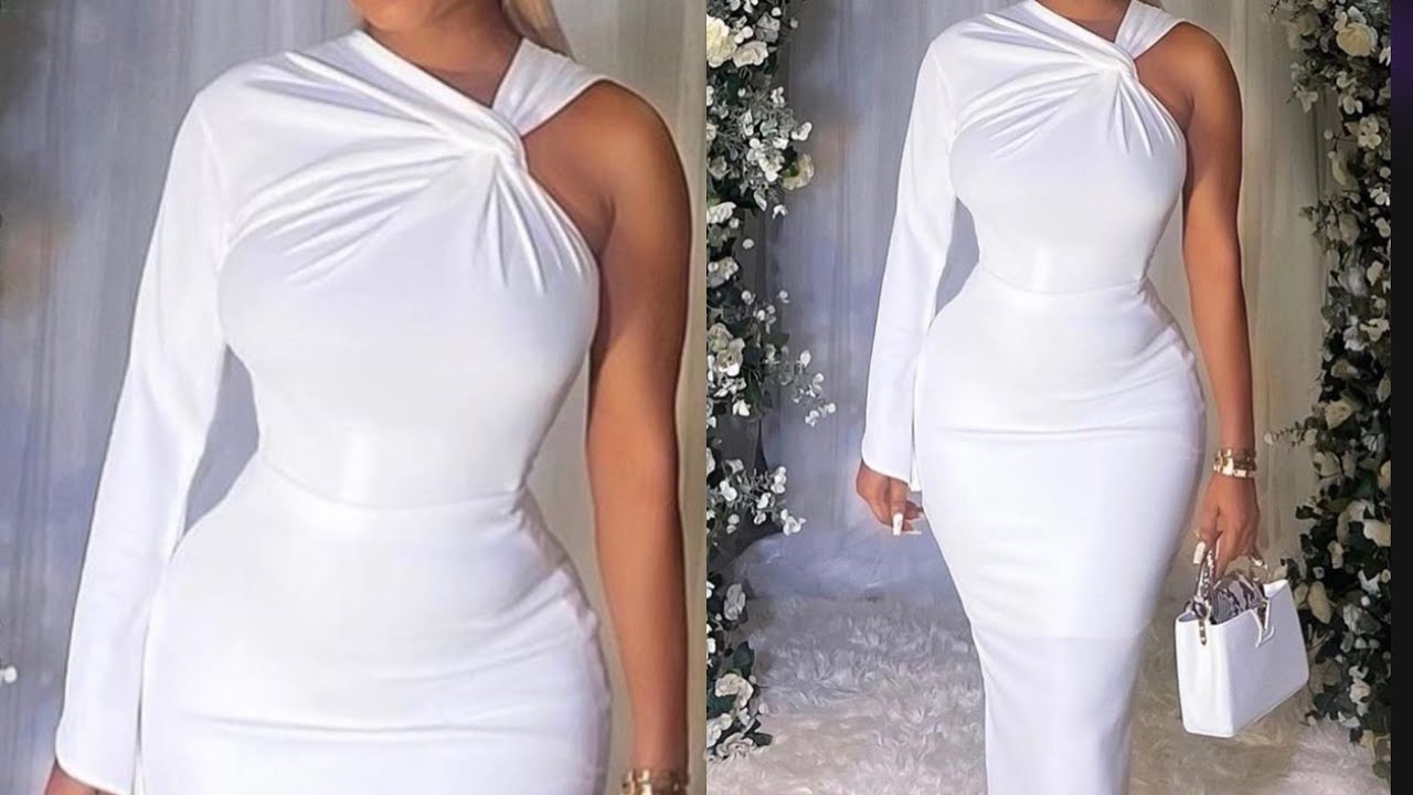 asymmetric neckline dress how to cut  a one side draped  twisted shoulder press gown