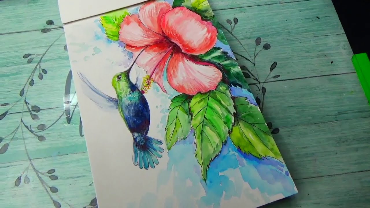 Рисуем цветок гибискус и колибри