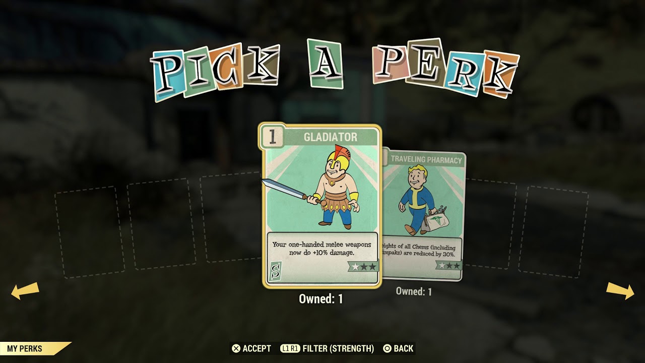 Fallout 76 - Level Up: Open Perk Cards, Slot Two Strength Perk Cards Traveling Pharmacy (2018)