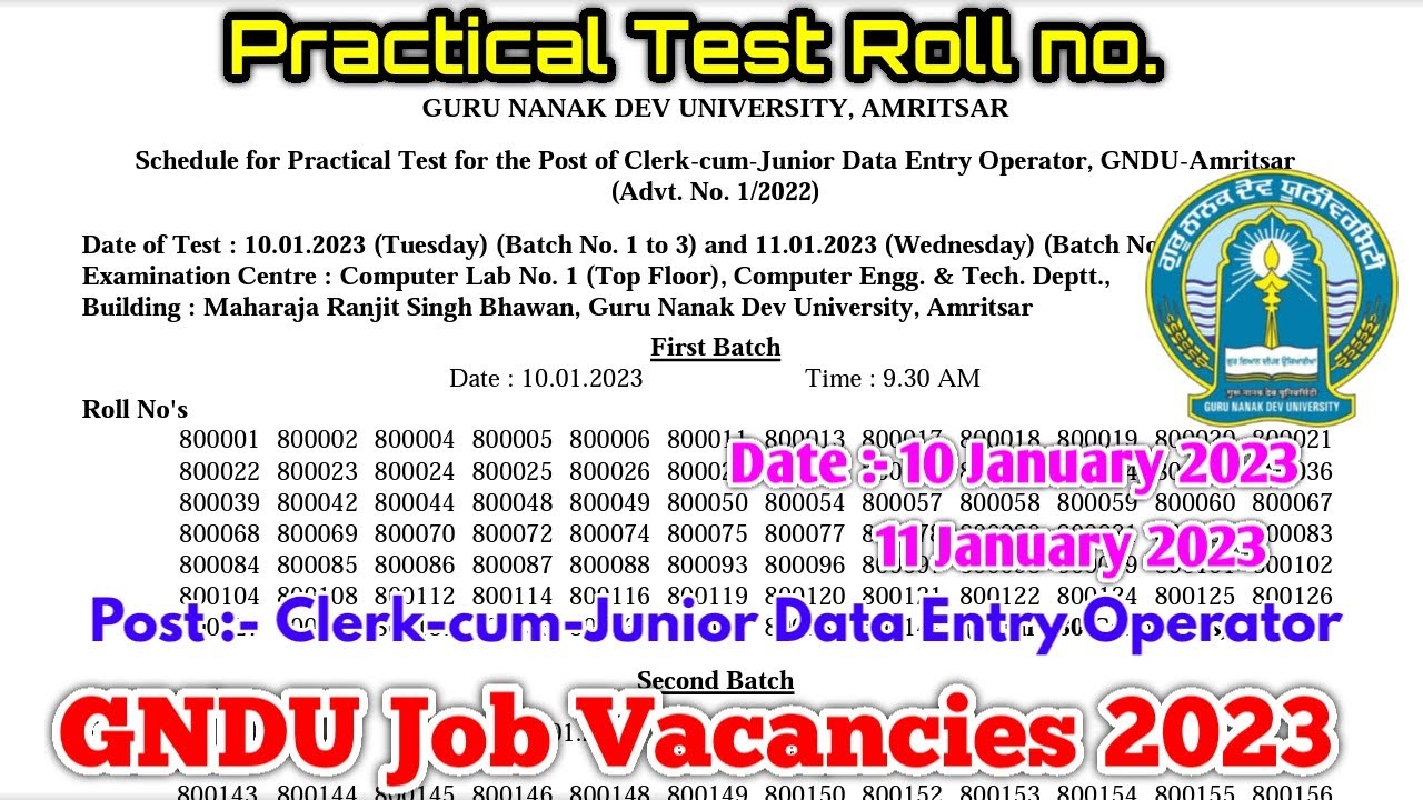 GNDU Job Vacancies 2023 || Schedule for Practical Test for Post Clerk-cum-Junior Data Entry Operator