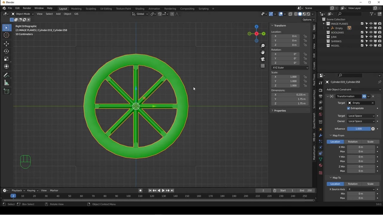 BLENDER:  Make a wheel roll using the Transform Constraint