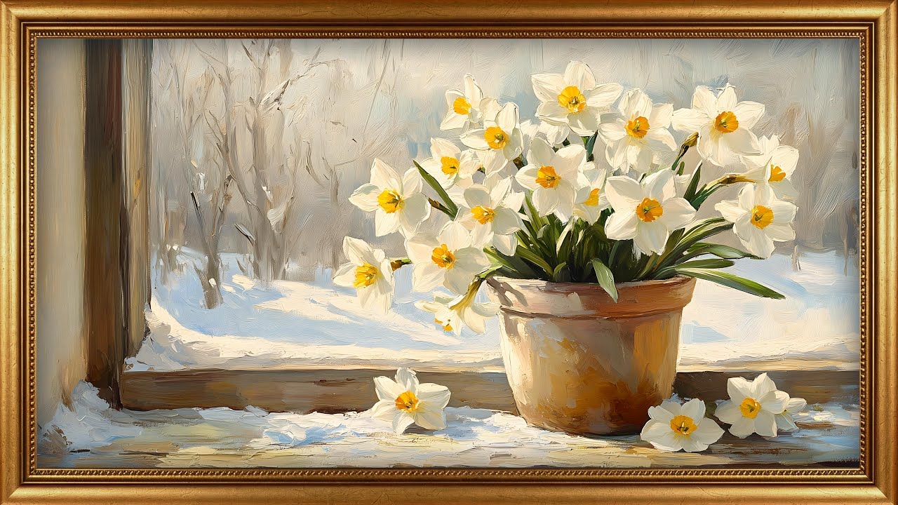 Winter Daffodils, Cozy Cottage Window | Serene Oil Painting Frame TV Art