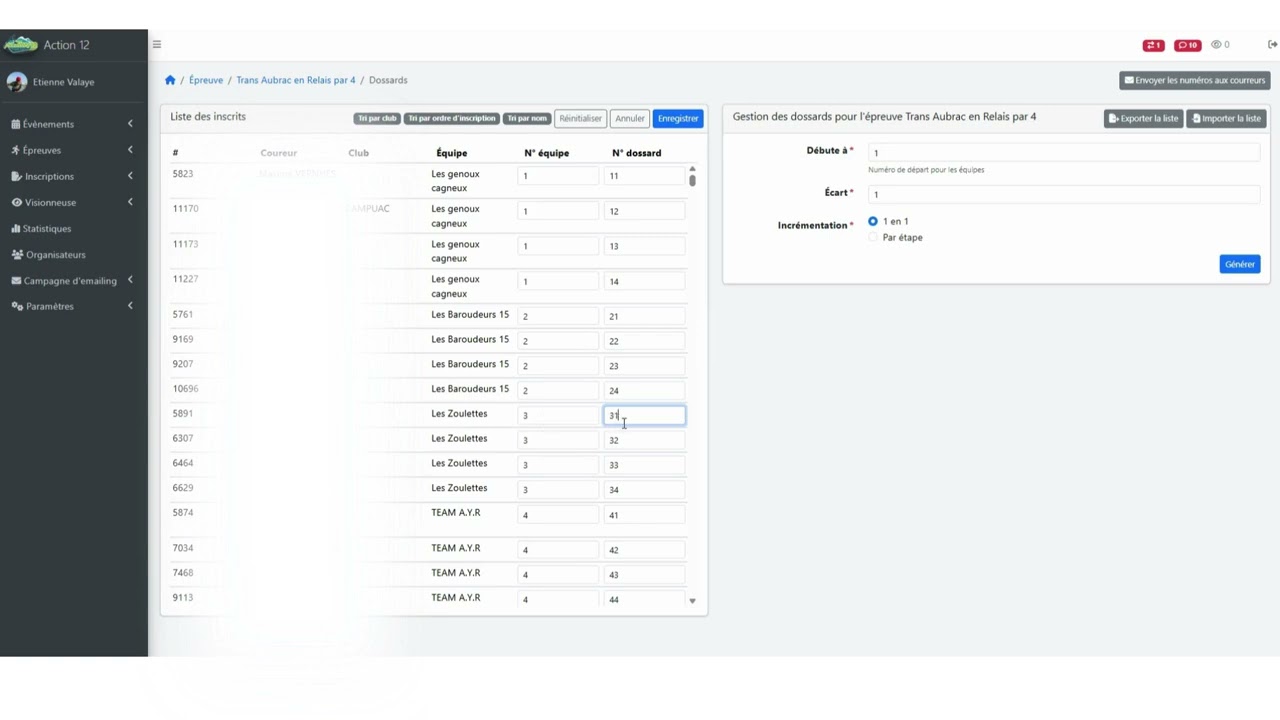 Attribution n° dossard EQUIPE RELAIS