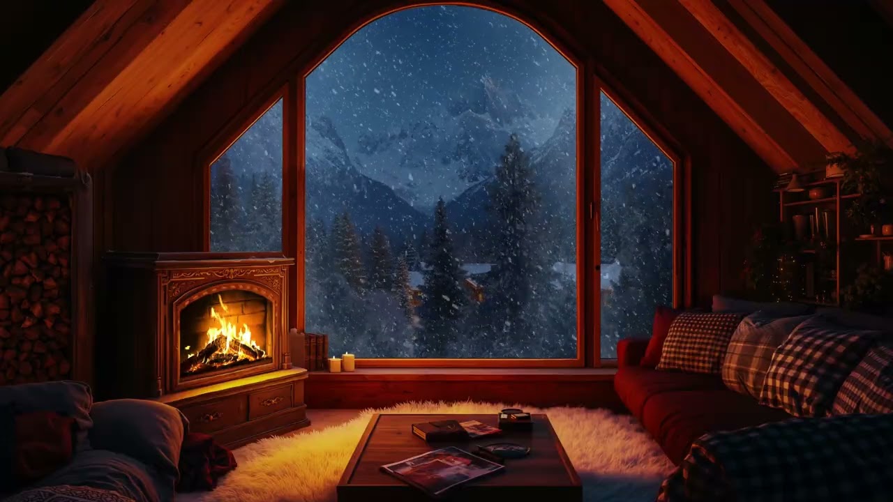 Warm Fireplace Glow on a Snowy Winter Cabin | Cozy Ambience for Relaxation