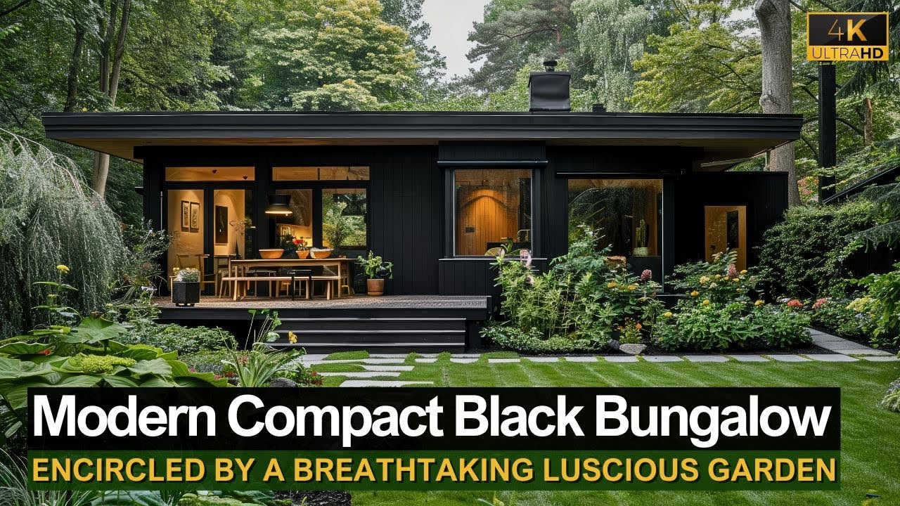 Discover This Modern Compact Black Bungalow Encircled by a Breathtaking Luscious Garden