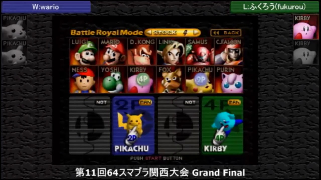 Kansai 2018 Grand Finals - Wario (Pikachu) Vs. Fukurou (Kirby) Super Smash Bros - SSB64