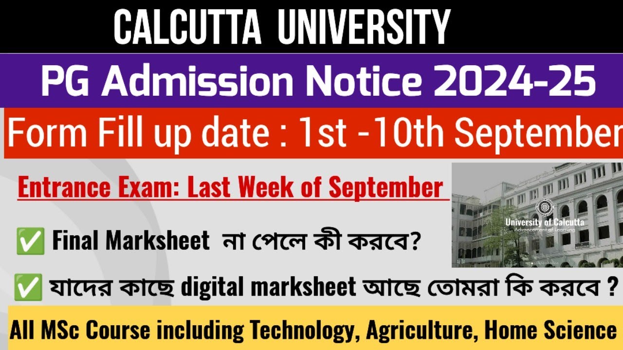 Calcutta University Form Fill up PG Admission 2024-25 &bull; Entrance Exam &bull; Application Fees