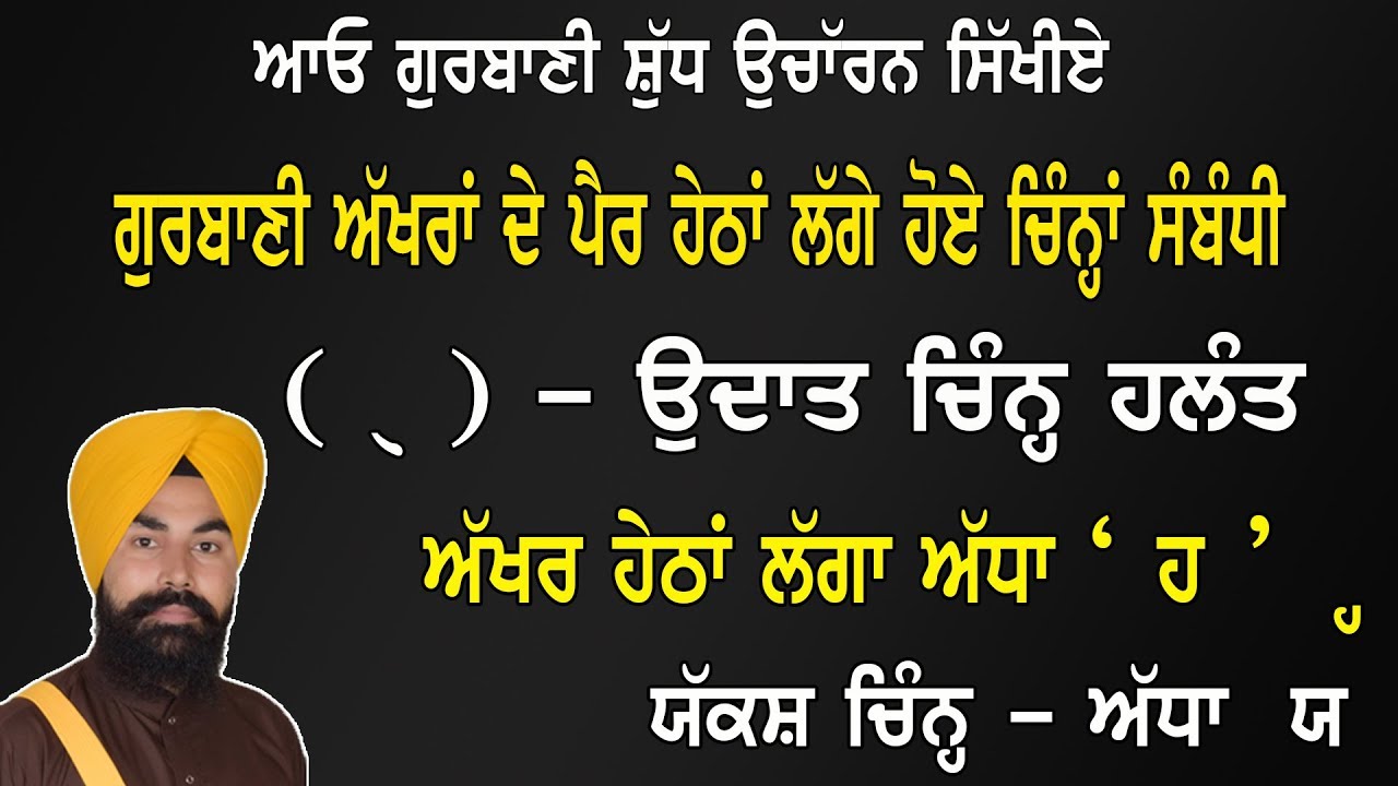 ਗੁਰਬਾਣੀ ਅੱਖਰਾਂ ਦੇ ਪੈਰਾਂ ਹੇਠਾਂ ਲੱਗੇ ਚਿੰਨਾਂ ਸੰਬੰਧੀ ਸ਼ੁੱਧ ਉਚਾਰਨ - ਉਦਾਤ ਚਿੰਨ ਹਲੰਤ , ਅੱਧਾ ਹ