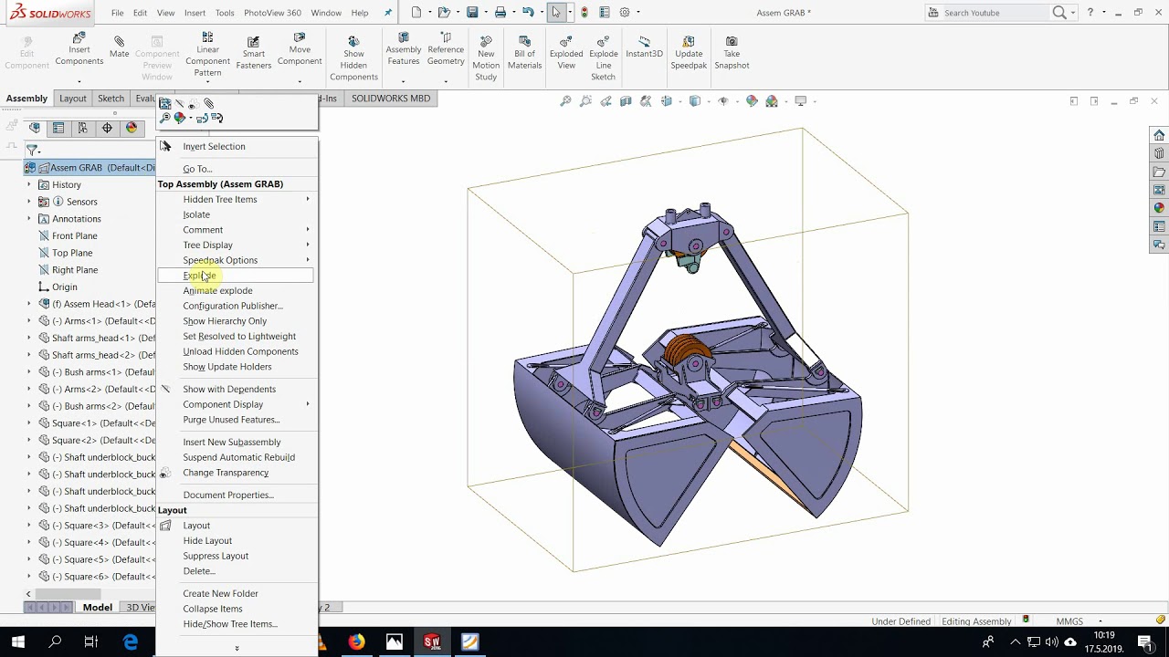 Solidworks animate explode of mechanical GRAB for Coal - repair and replacement parts.