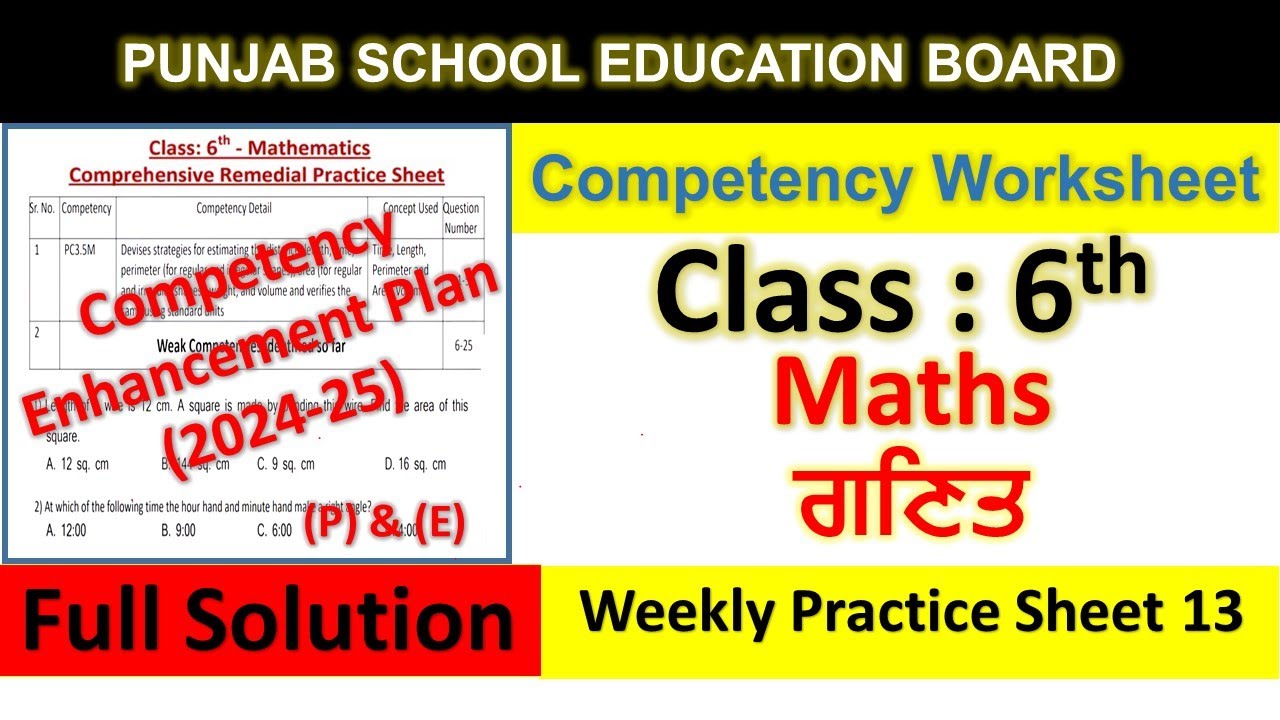 pseb competency based paper class 6th maths worksheet 13 test 2024