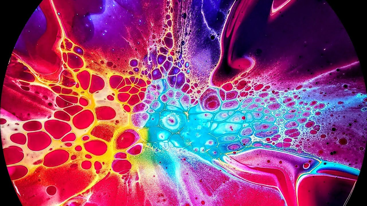 'Salsa' Vivid Bloom With Tri-Colour Faux Pillow #tlp #acrylicpouring #fluidart #bloom