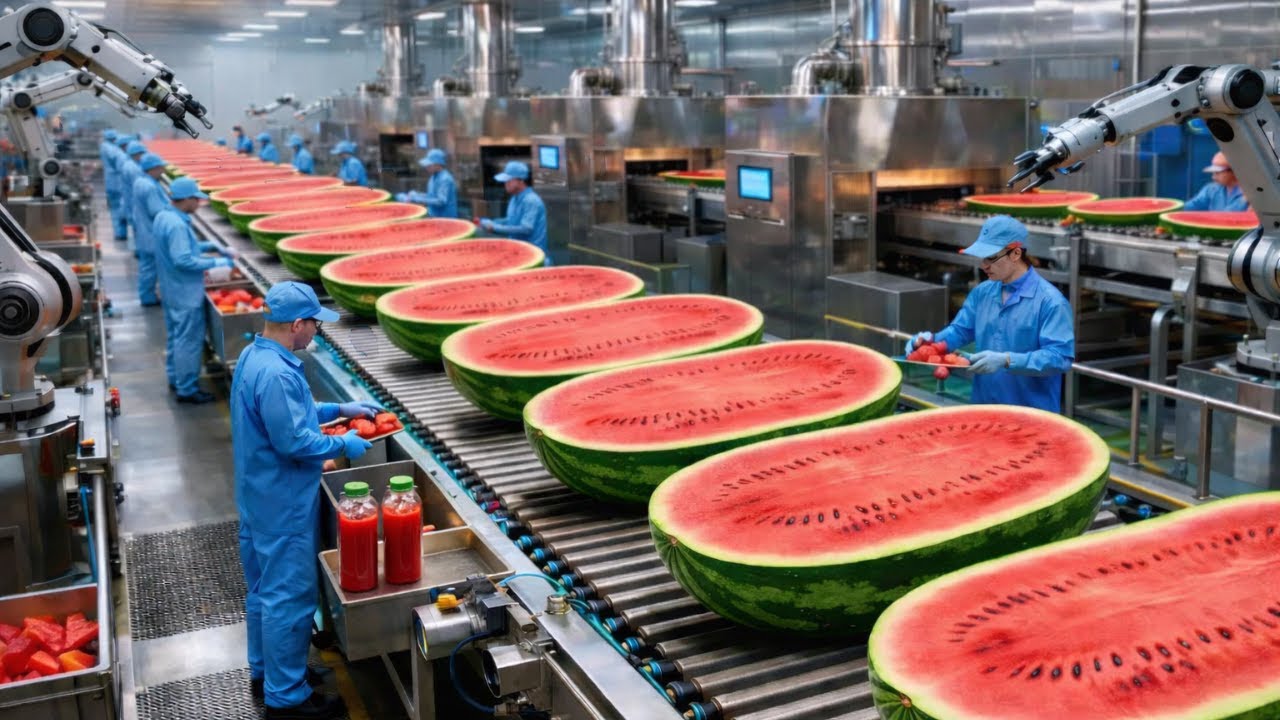 Inside a Massive Watermelon Processing Plant — How Millions of Melons Become Juice (Full Process)