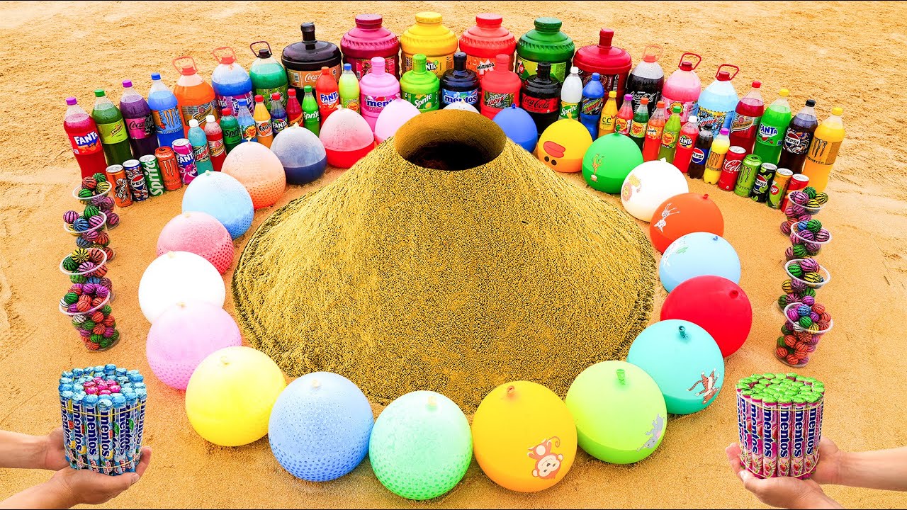 Big Underground Volcanic Eruption from Big Balloons of Orbeez, Fanta, Mirinda, Coca-Cola vs Mentos