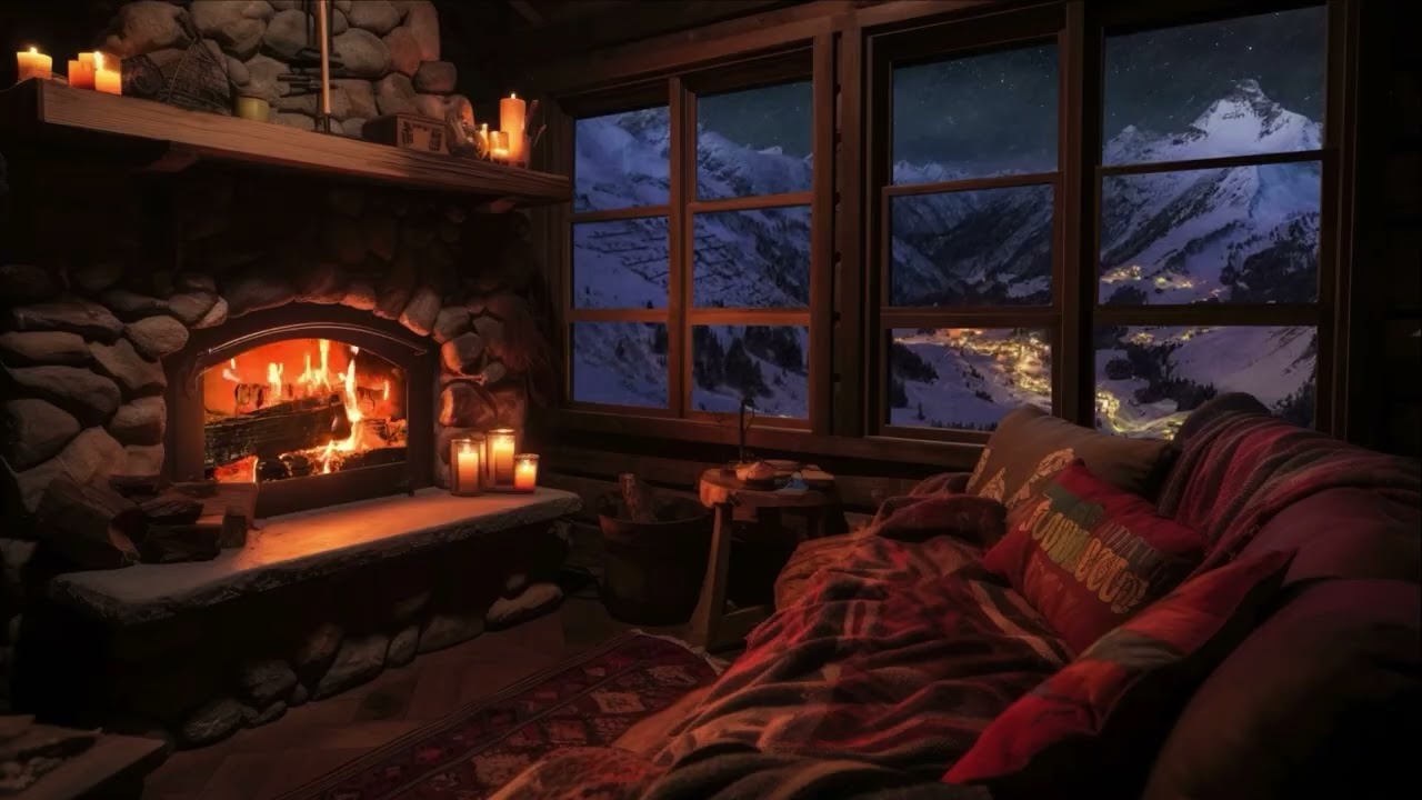 Cozy Winter Cabin Night ❄️ Warm Fireplace & Howling Blizzard Sounds (Deep Sleep)