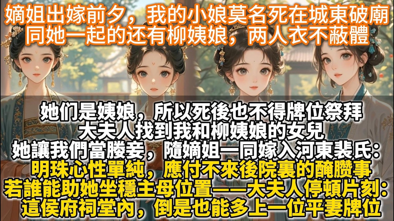 完結姊妹互助復仇文：嫡姐出嫁前夕，我的小娘莫名死在城東破廟，同她一起的还有柳姨娘，两人衣不蔽體。娘親是侯府的小妾。她與同為妾室的柳氏鬥了大半輩子。年輕時，爭爹爹的寵愛。後來，爭兒女的好婚事。