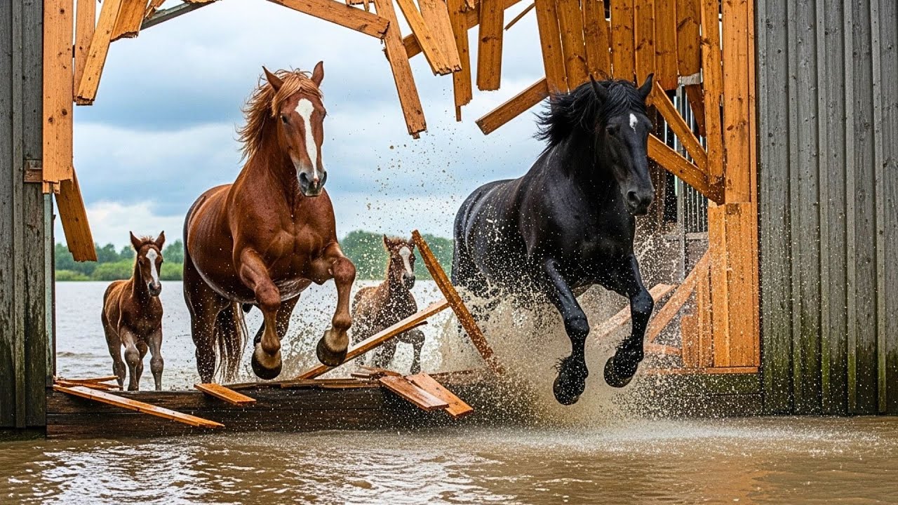 INUNDACIÓN AMENAZA CRÍAS DE CABALLOS GIGANTES..LO QUE LOS PADRES HACEN PARA SALVARLOS ES EMOCIONANTE