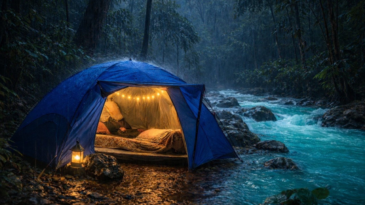Solo Camping in Jungle Near River | Rain ASMR