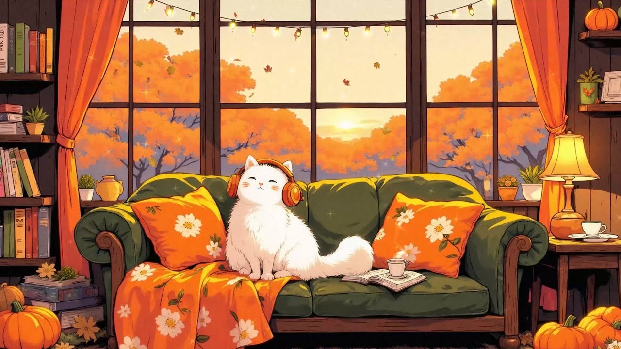 🌾 Fall Lofi Lounge 🍁 | Calm Beats with Cozy Cat & Sunset Window | Work, Study & Dream