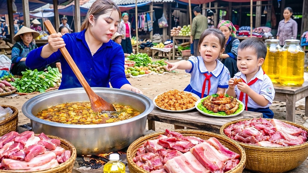 Turning Black Pork into Golden Cooking Oil & Crispy Pork Cracklings – A Busy Market Day with My Kids