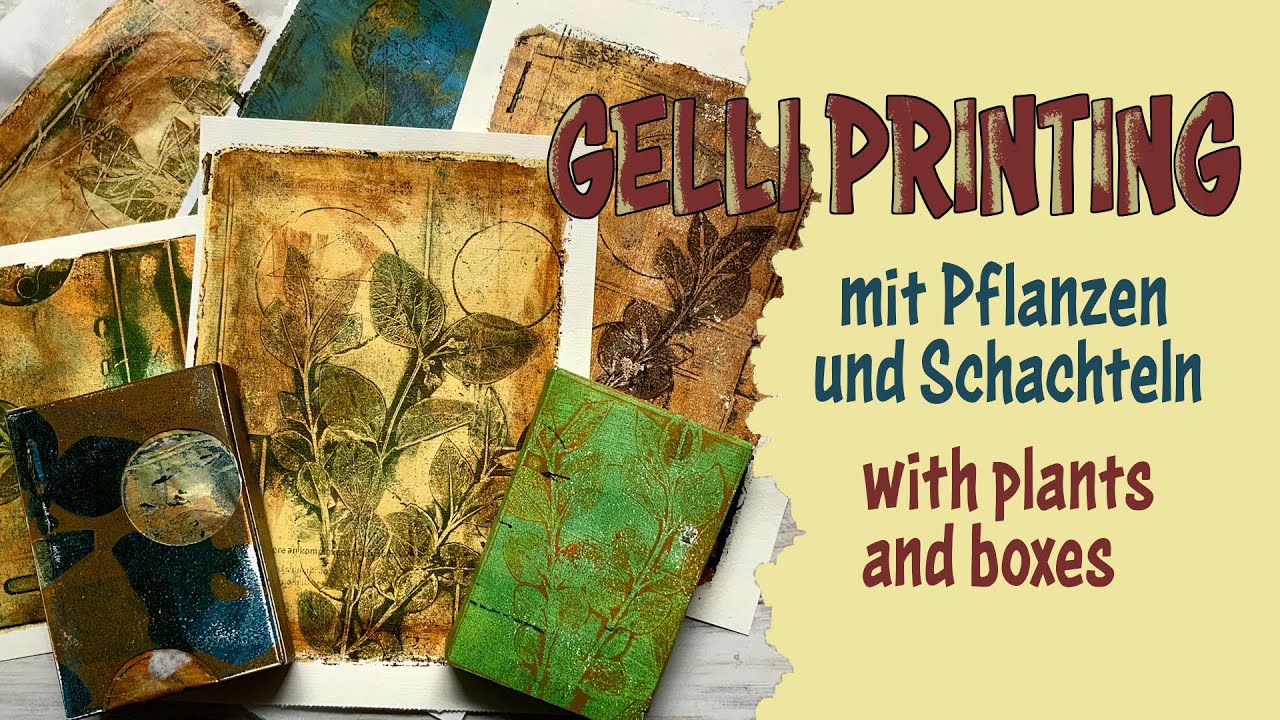 Gelli Printing mit Pflanzen und kleinen Schachteln. Gelli Printing with plants and small boxes.